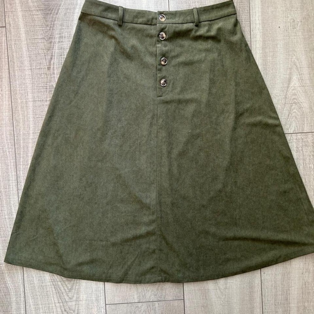 Olive‎ Green Corduroy A Line Button Front Midi Skirt - Size 1X